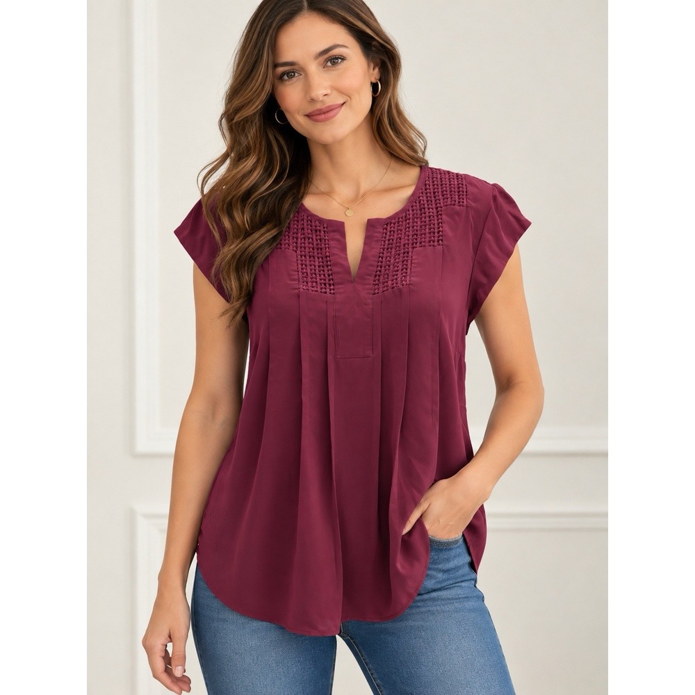 Daniel Rainn Womens Plum Purple Crochet Lace Trim Pleated V-Neck Blouse Size M